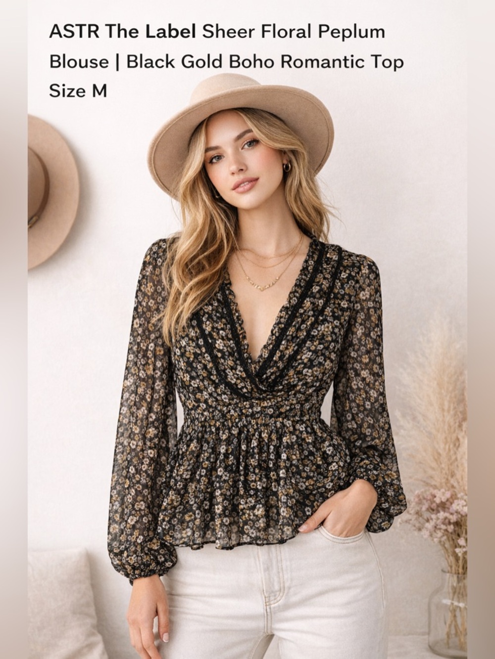ASTR The Label Sheer Floral Peplum Blouse | Black Gold Boho Romantic Top Size M